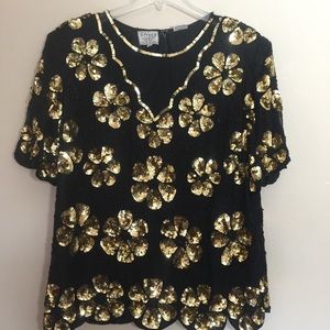 Vintage stenay 100% silk gold & black blouse sz 2X